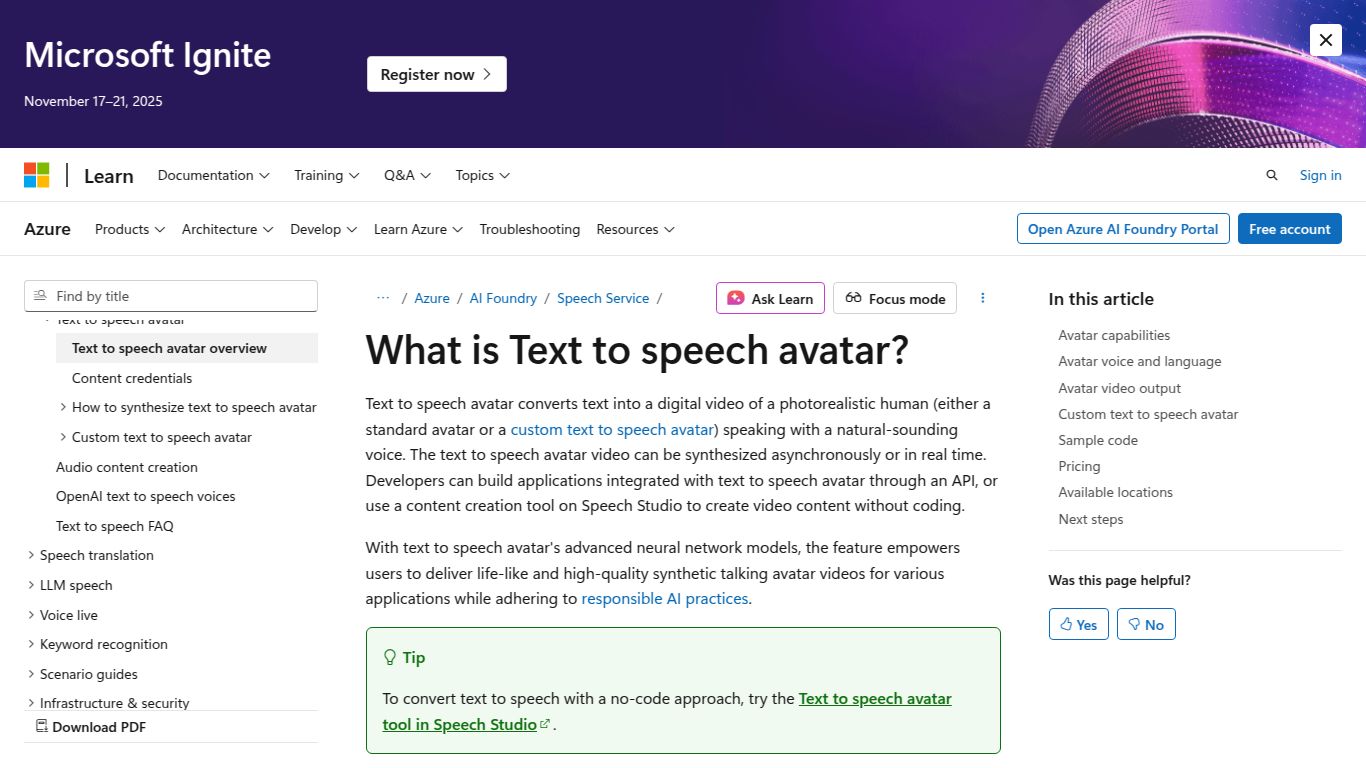 Microsoft Azure AI — Text-to-Speech Avatar