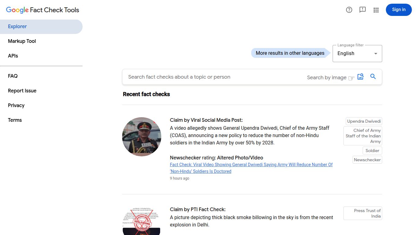 Google Fact Check Explorer